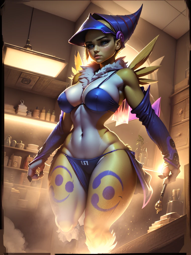 (Obra maestra:1.2), (La mejor calidad:1.2), Perfect lighting, Chica Maga Oscura lanzando un hechizo, In his twenties, flotando en el aire, tetas grandes, escote, blue robe, sombrero grande, desde arriba, Destellos, Yugioh Card en el fondo