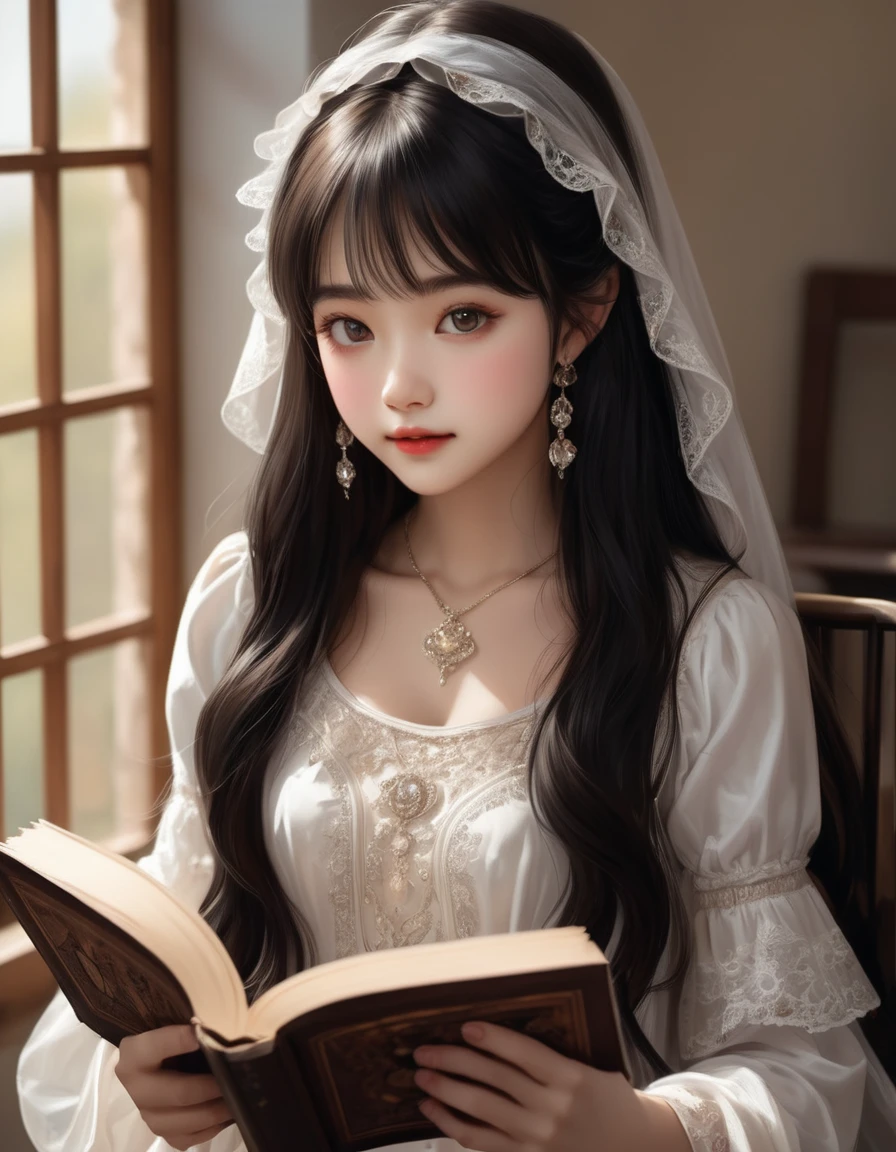 (adolescence girl), (petite), small smile, (white detailed princess dress with many frills), (frilly long sleeves, lace cloak), beautiful tender eyes symmetrical, (beautiful and detailed face), (beautiful long black hair), blunt bangs, reading a book, In the warm sunlight by the window, the princess quietly opens a book. Her room is enveloped in a gentle silence, with the only sound being the soft turning of pages. illustration, disheveled hair, detailed eyes, perfect composition, moist skin, intricate details, vibrant, beautiful,