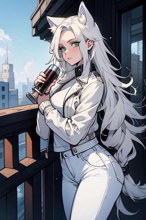 A white haired woman with green eyes and white wolf ears and a white wolf tail in a leather jacket and jeans is drinking on a balcony