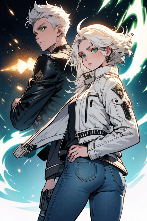 A white haired woman with green eyes and white wolf ears and a white wolf tail in a leather jacket and jeans is watching a shooting star