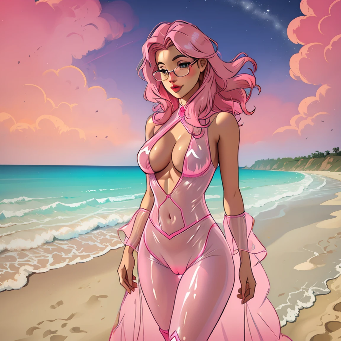 (masterpiece, best quality:1.2), cowboy shot, (solo), (1girl):1.5, glasses, long fluffy pink hair, hair blowing, gorgeous body, wide hips, slight smile, ((very sexy and transparent (clear nigthdress)) with exposed navel), musculous belly, gorgeous huge breasts, ((pink breasts niples) under very transparent clear clothes), (cameltoe), in front a bangalo in a windy beach, view form sea to beach.
