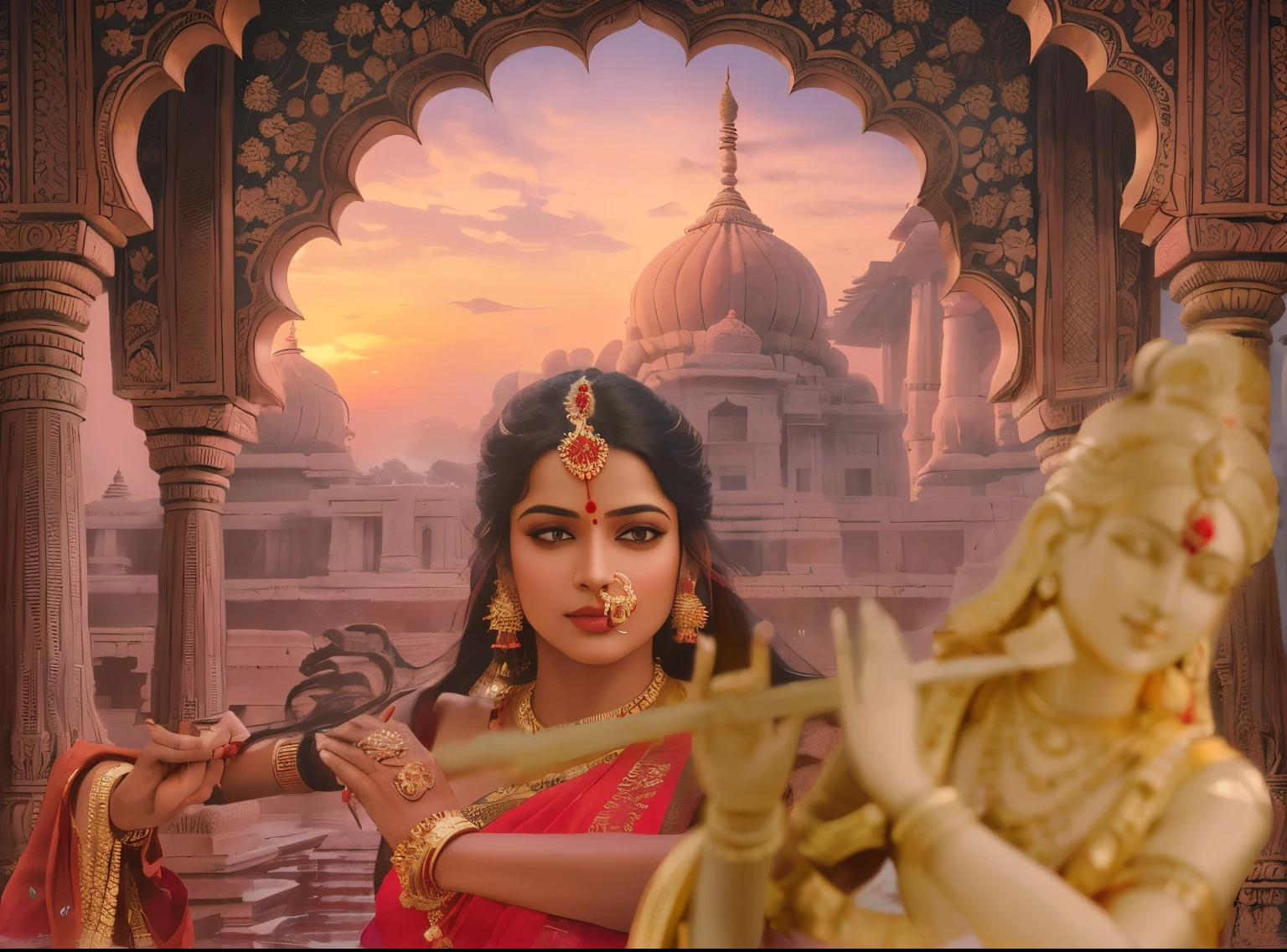 there is a woman in a red sari holding a statue, hindu aesthetic, cinematic goddess shot, still from a fantasy movie, indian goddess of wealth, cinematic goddess close shot, indian goddess, inspired by Raja Ravi Varma, photo taken with nikon d750, photo taken with nikon d 7 5 0, hindu art, submerged temple dance scene, movie stills photography