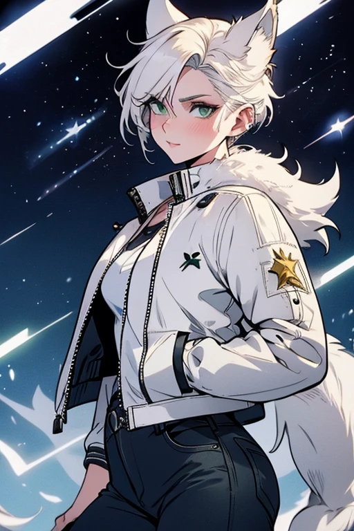 A white haired woman with green eyes and white wolf ears and a white wolf tail in a leather jacket and jeans is watching a sshooting star