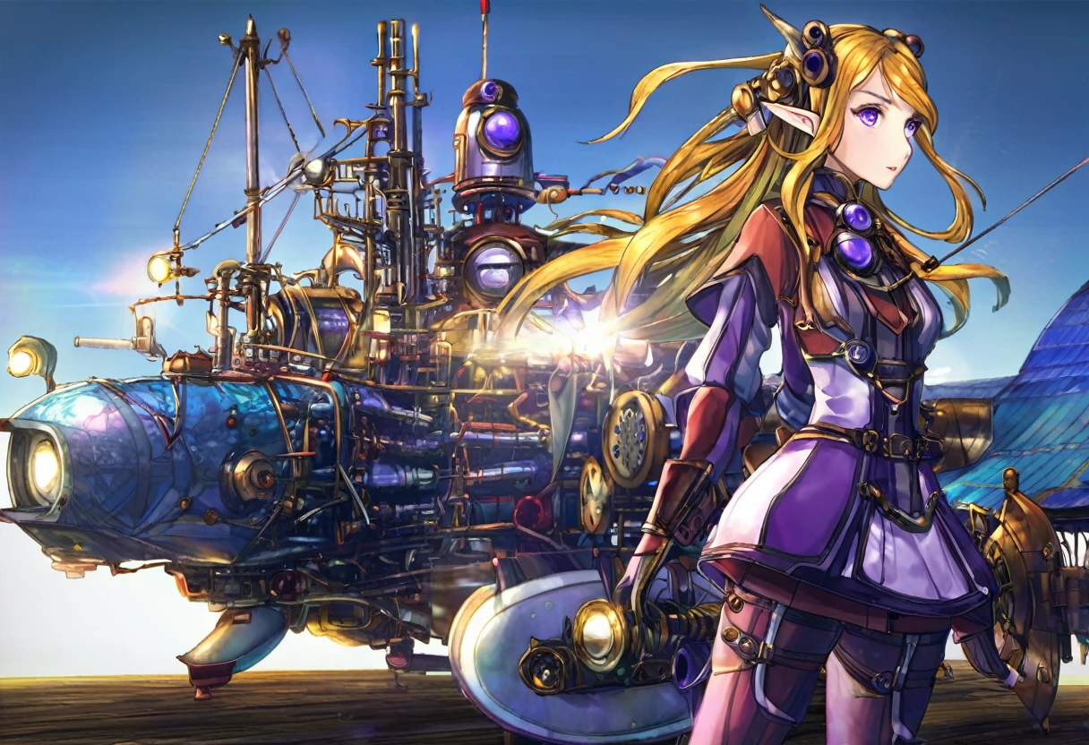 (Steam Punk)(Extreme complexity, two subjects)(subject 1: cryptic girl, purple white gradient long hair, indifferent, kind, high tech suit with many gadgets and blinking lights) (subject 2: female elf companion, high fantasy mechanic outfit, very big eyes and ears) testing a flying steampunk contraption, blue prairie, ethereal, fantasy, magical realism, highly detailed, 8k, cinematic lighting, vibrant colors, dramatic composition, intricate details, imaginative, cinematic perspective, surreal, dreamlike, whimsical, beautiful, magical, (best quality,4k,8k,highres,masterpiece:1.2),ultra-detailed,(realistic,photorealistic,photo-realistic:1.37) (show both women head to toe)