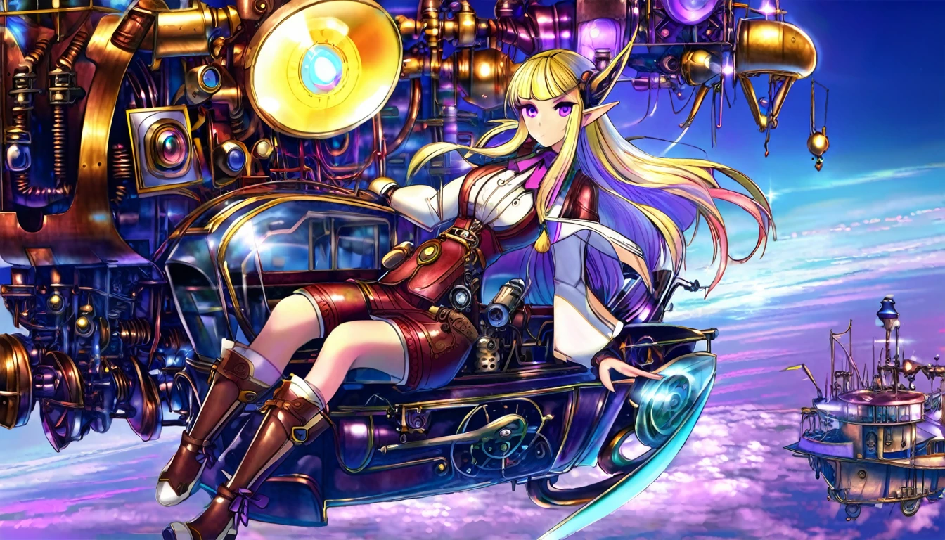 (Steam Punk)(Extreme complexity, two subjects)(subject 1: cryptic girl, purple white gradient long hair, indifferent, kind, high tech suit with many gadgets and blinking lights) (subject 2: female elf companion, high fantasy mechanic outfit, very big eyes and ears) testing a flying steampunk contraption, blue prairie, ethereal, fantasy, magical realism, highly detailed, 8k, cinematic lighting, vibrant colors, dramatic composition, intricate details, imaginative, cinematic perspective, surreal, dreamlike, whimsical, beautiful, magical, (best quality,4k,8k,highres,masterpiece:1.2),ultra-detailed,(realistic,photorealistic,photo-realistic:1.37) (show both women head to toe)
