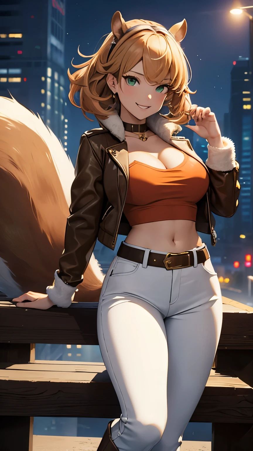 ,(Highly quality, masterpiece, detailed), Night city detailed scenario, Night city detailed background, 20 years old girl, cleavage, smile, green eyes, Squirrel girl, Brown jacket, orange shirt, crop top, gold belt, white pants, boots, fluffy boots, Squirrel tail, Abdomen, Navel, beautiful eyes, perfect eyes, looking at the viewer, Sexy pose