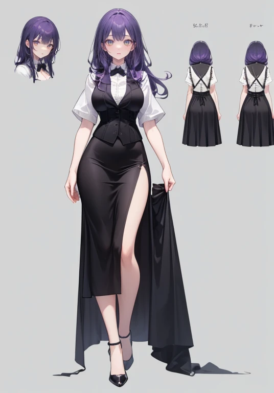 Purple hair,long hair,Adult female,Bartender,((Body harness)),(((black vest))),((Rolling up your sleeves shirt)),(Corset),(Long skirt),(slit),High heels,((Simple background)),Smile,((Full body)),((whole body)),Character Sheet,