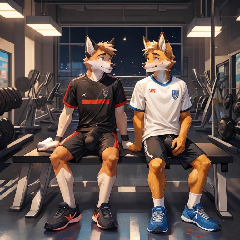 furry fox, , teenagers, dirty, after sports, sweaty, black long gym shorts, Nike brand, sports clothes, erected (bulge), covered erection, shy, gym equipment room, very horny, huge bulge (erection under shorts), gay, sit beside friend who is also erected after sports, erection, precum stain, huge erection under shorts (covered), sweaty, big erection under shorts, embarrassed, slim and fit, young, at night, fetish for sports shorts, teasing each other, tight gym shirt
