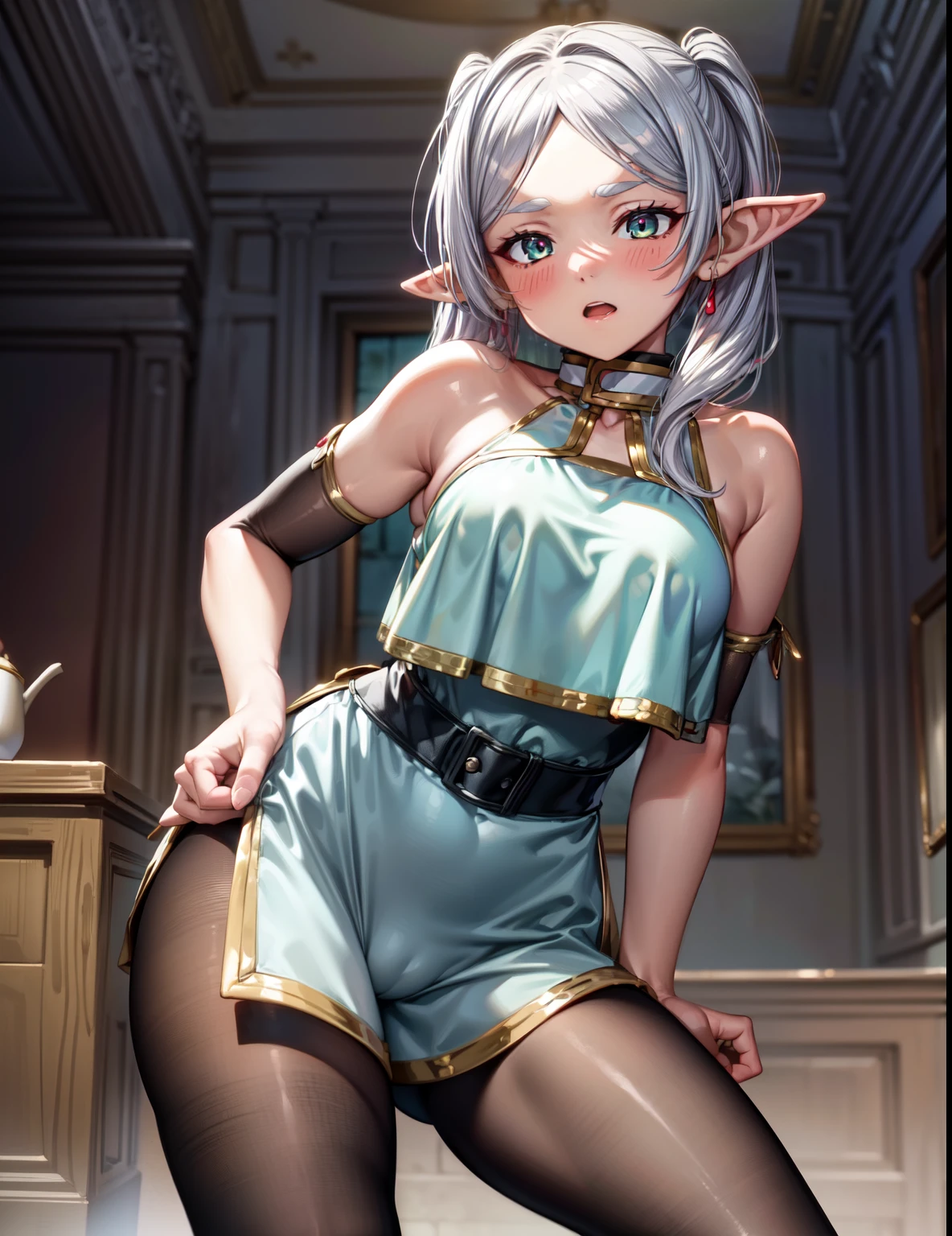 (Masterpiece, High Quality, Top quality, High-Detailed, Detailed CG, Cinematic Shadow, Cinematic Scene, Beautiful Detailed Eyes, Ultra Resolution, Depth of Field), Looking At The Audience, Looking Down, Looking At The Audience Below, (Blush Expression:1.2), (Angry Expression:1.2), (SFW:1.2), Elf Ear, Silver Hair, Twin Tails, Spiky Ears, Five Fingers, Good Composition, Arms, (Swimsuit:1.2), (White Swimsuit:1.0), Thicc Thighs, Small Breasts, Medium Breast, Dark Background, Blur Background, Castle Room, European Room