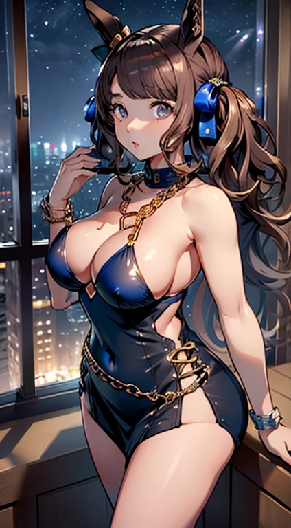 top-quality、Top image quality、tosen jordan \(umamusume\)、masterpiece、girl with((20yr old、Best Bust、big bast、Bust 85、Breasts wide open、A slender、Large valleys、Gold Bikini、Gold Dress,Leaning forward、Reflecting the whole body))hiquality、Beautiful Art、Background with((Luxury Hotels、Golden Chain、Window with night view)))masutepiece、visualart、depth of fields、