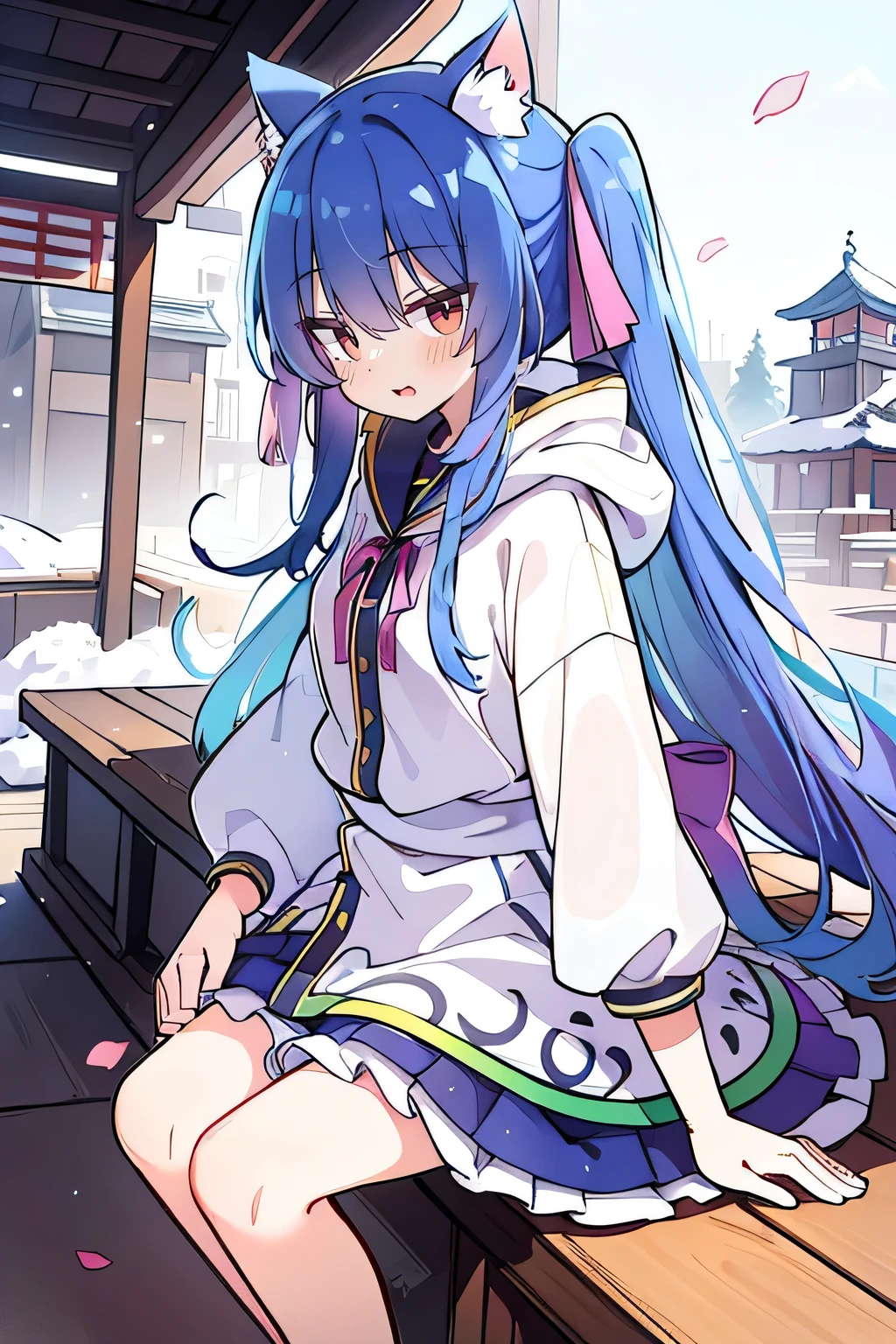 (masterpiece:1.2),Super detailed,lifelike,Expressive eyes,fair skin,perfect face shape,1 girl,
Japanese comics,Gorgeous blue hair,flowing blue hair,flowing clothes,Cat ears,Petals fall,beautiful lola,Baby Angel,
Shaking head with one hand,Cross your legs,Gentle and peaceful background,The pavilion is cool and comfortable,smile, wearing hoodie, background of tokyo,back views,snowing, winter.