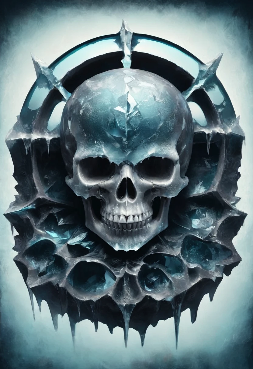 best quality, highres, (ice skull:1.1), (dark, sinister) atmosphere, (detailed, intricate) ice texture, (icy blue, frosty) color palette, (sharp icicles, translucent) skull shape, (eerie, haunting) lighting, (mysterious, foreboding) background, (subtle reflections, glimmering highlights), (mesmerizing, captivating) art style