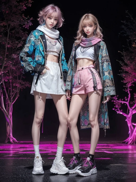highest quality, Very detailed, masterpiece, Two women posing,(((Perfect female body))),Very beautiful face, Very beautiful body,Gentle expression, Very beautiful eyes,(Perfect Makeup:1.1),Fashion Model,Cyberpunk Fashion,Curly Hair,Shaggy Hair,pink and blue hair:1.3, very thin body,Smart Abs,Monogram pattern,Gradation,(Fractal Art:1.3),Tech See-Through Blazer,Monogram patternロングスカート,anklet,Tech High Top Sneakers,A kind smile,Full body portrait,(Night in Cyber City), (Shiny skin),(Earrings),Long scarf with elegant pattern,Neon long shawl,Digital feather,