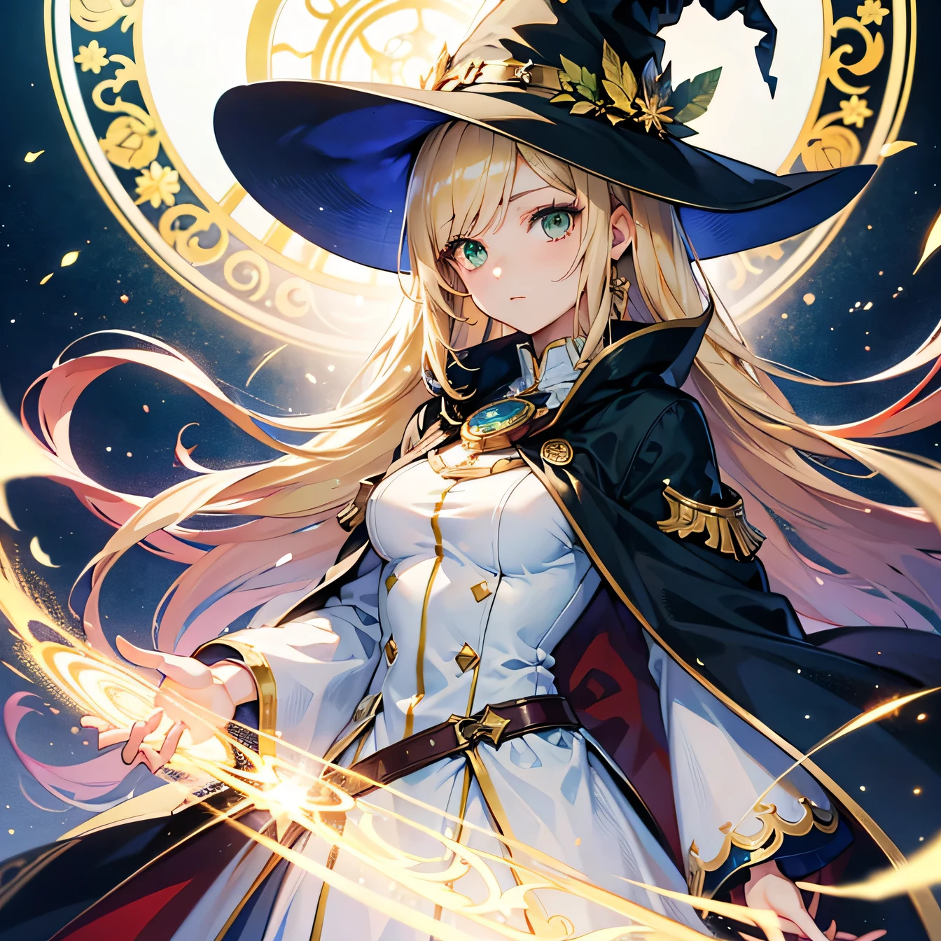 Anime Moe Art Style,highest quality,High resolution,Anatomically correct,One Woman,Twenty years old,Blonde,Super long hair,Straight Hair,Green Eyes,Super detailed,Fantasy Style,witch,White hat with gold trim,White cloak with gold trim,Medium sized breasts,magic circle,Holding a shining ball of light in his hand,8K