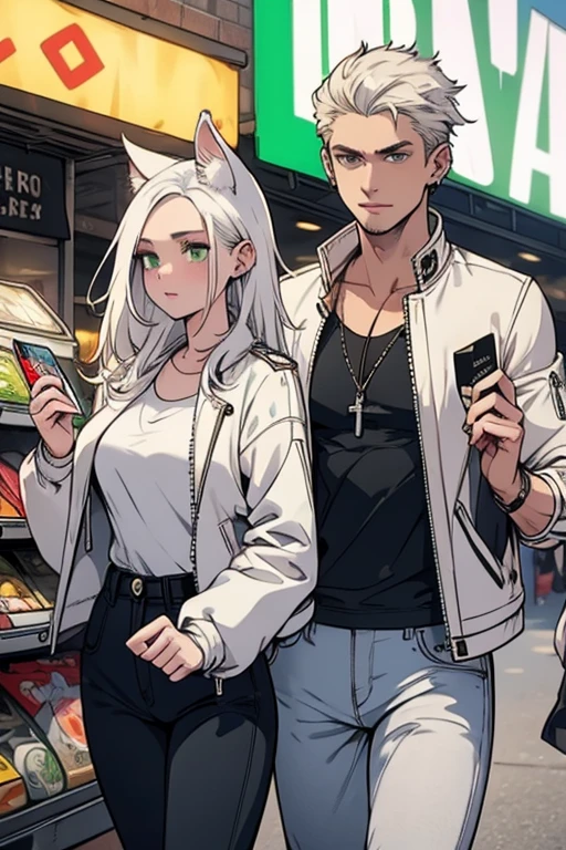 A white haired woman with green eyes and white wolf ears and a white wolf tail in a leather jacket and jeans is  shopping at he market