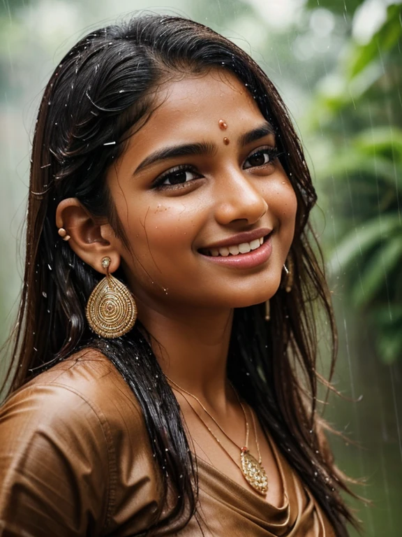 11 years old extremely beautiful brown Tamil girls (brown shirt ), (bangles earrings necklace wrist watch), enjoying in the rain, drenched in rain, facing viewers facing camera, eyes symmetry, (best quality, ultra-detailed:1.6), colorful scene, bright color palette, playful atmosphere, vibrant colors, cute expressions, joyful laughter, raindrop reflections, wet hair, wet clothes, wet body, body reflecting light, back lit, refreshing ambiance, happy face, splashing water, raindrops falling around her, natural lighting, candid moments captured, lively mood, (intricate detailing:1.6 faces & eyes & ears & nose & lips & skin & curves & body parts)