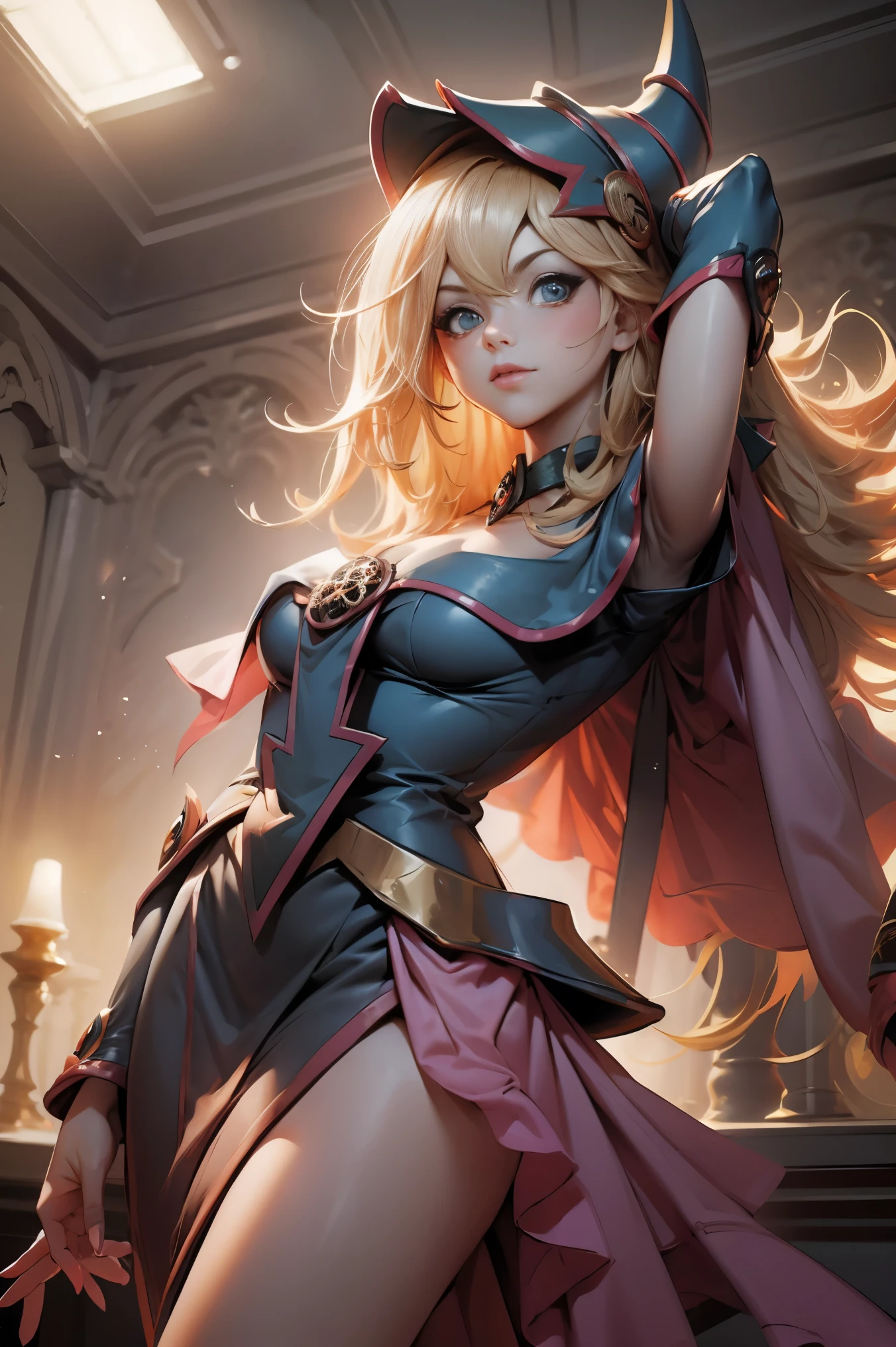 (masterpiece:1.2), (The best quality:1.2), perfect lighting, Dark Magician Girl casting a spell, in battle. floating in the air, visible medium tits, transparent neckline, blue robe, big hat, from above, Sparkles, Yugioh game, The magic of the heart. LIGHTS OF THE HEART, romantic heart. She wears gold heels. In heels. heels