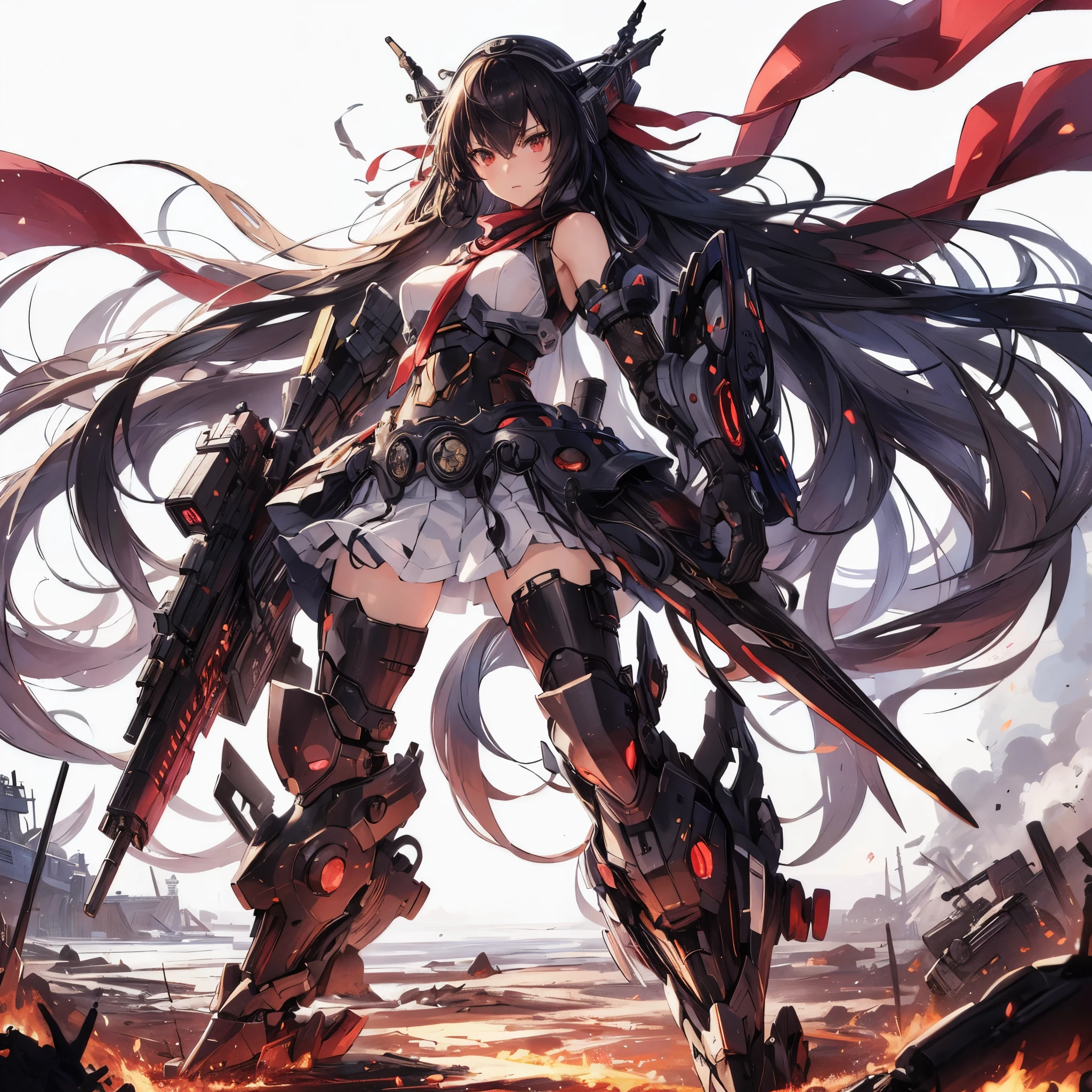 
(Masterpiece, Top Quality), (Fine Hair), Ultra-Detailed, Anime Style, Solo, Full Length, Concept Art, best quality, high resolution, extremely detailed CG, transforming girl, transform belt, ((black long hair)), mecha belt, headgear, (red scarf), mecha armored, thighs, thighs boots, fighting stance, looking at viewer, hero posing, More Detail, high heeled boots, White background, standing full length, Digital painting, standing on burned earth, ((KanColle))
