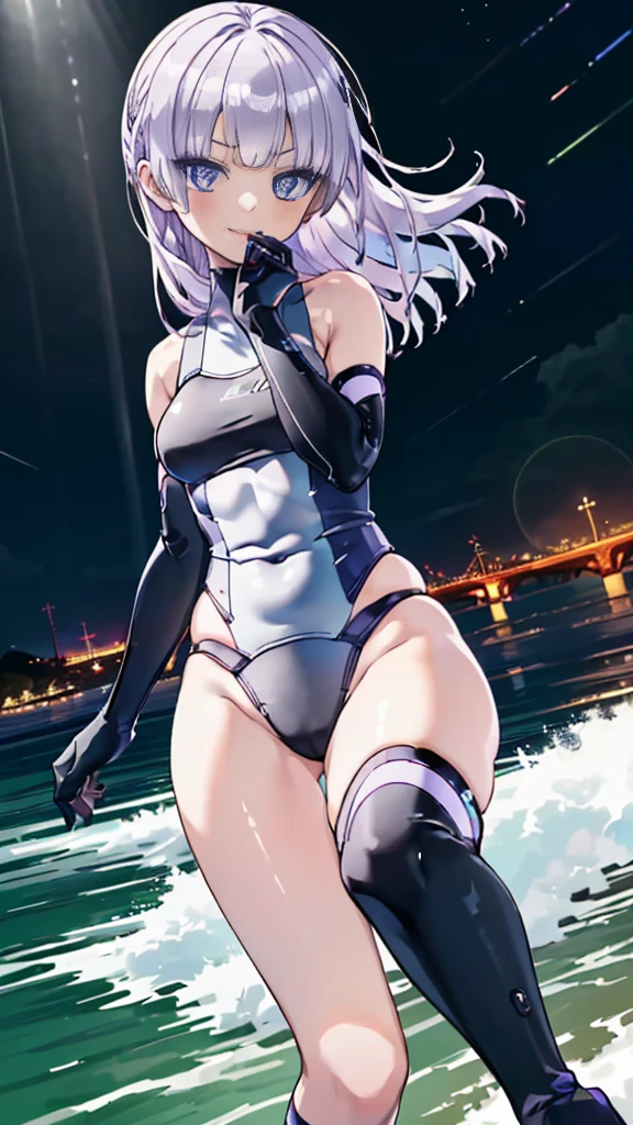 (whole body), 1girl,solo,purple hair,blue eyes,small breasts,blunt bangs,smile, Open your mouth, angelMagicalClothes,blue eyes,Black Hair,Long Hair,白のスクールSwimwear,one piece_Swimwear, elbow_gloves, Knee-high socks,boots,1 girl, masterpiece, high quality, 最high quality, beautiful背景, Particles of light, Light of the sun, Dramatic lighting, outside, Shiny, Realistic, 最high quality, Very detailed, Get used to it, scenery, beautifullyて細かい目, Thinning hair,whole bodyショット,((Very detailedな背景)), ((Cowboy Shot,Dynamic Angle)),1 girl,(Shiny肌:1.3),(beautifully濃厚な肌),(Thinning hair), masterpiece, high quality, High resolution, Confused,(beautifully、beautiful:1.2), beautiful手, (4K), 8k, Perfect balance,(Very detailedな CG Unity 8k 壁紙), Perfect hands, Embarrassing, Intricate details,Written boundary depth,Professional photography, Bokeh, High resolution, Sharp details, 最high quality, Thick thighs,