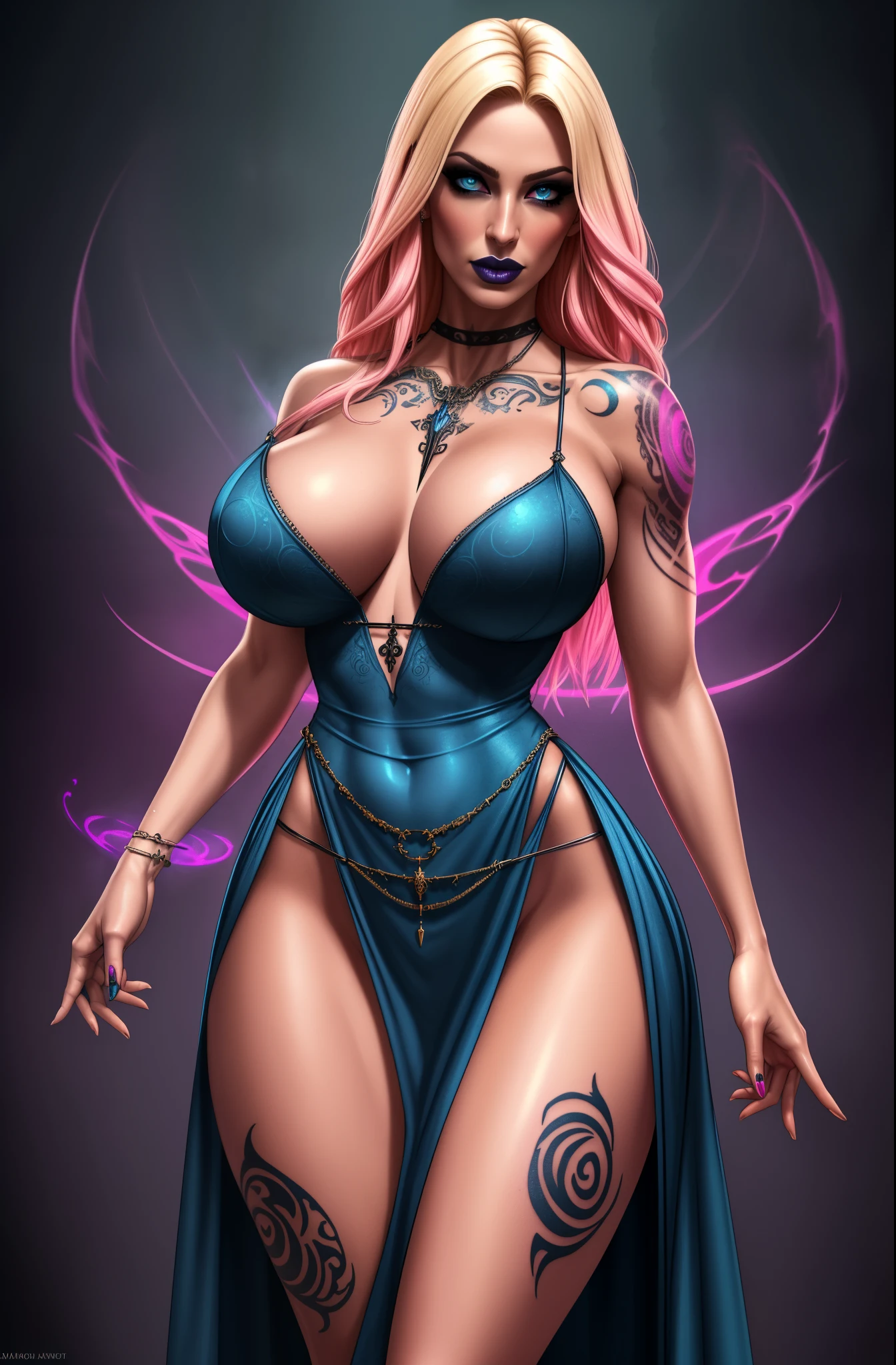 (best quality, highres, ultra-detailed, realistic:1.37), punk sorceress, long blue dress, leg slit, panty shot, panty slip, wardrobe malfunction, pink panties, blonde hair, enchanting eyes, dark lipstick, magical aura, powerful spellcasting, mystical amulet, intricate tattoos, glowing runes, smoky background, vibrant colors, dramatic lighting, eerie atmosphere