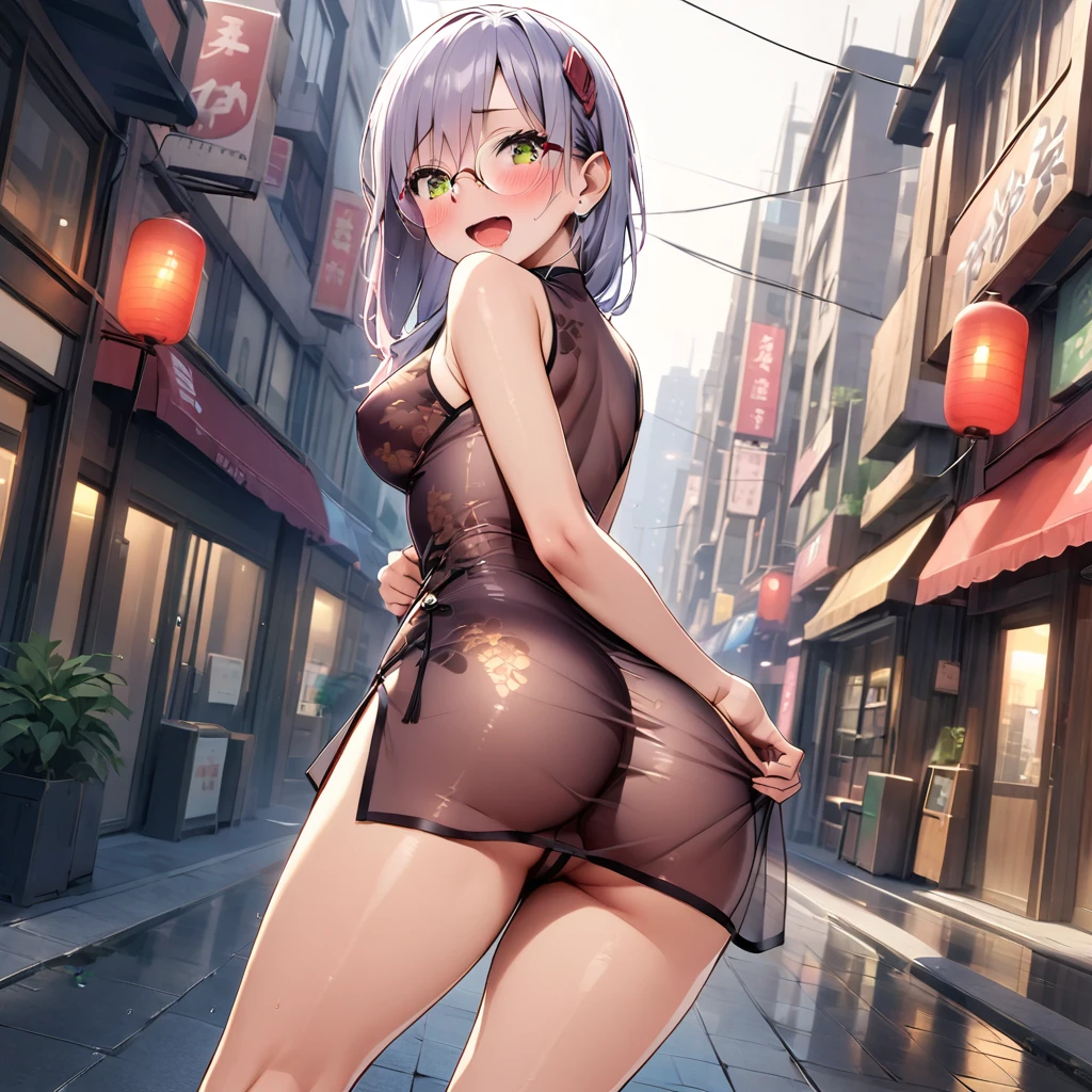 woman,20-year-old,city,(((See-through rubber Chinese dress))),,Laughing with your mouth open(()),blush、,((Looking Back))(Wet)Reflecting the buttocks,Glasses