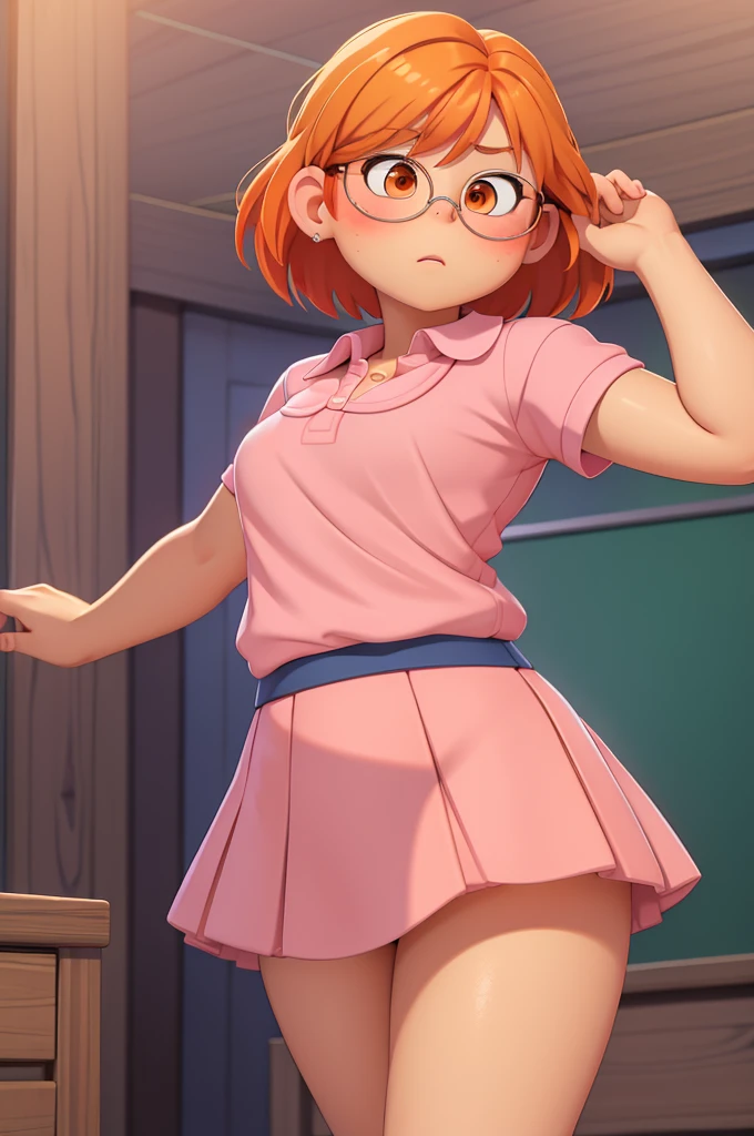 beautiful body, chubby body, small breasts, short hair, straight hair, orange hair, circular glasses, pretty glasses, short skirt, blue skirt, short pink shirt, pretty shirt, school shirt, school shirt,
