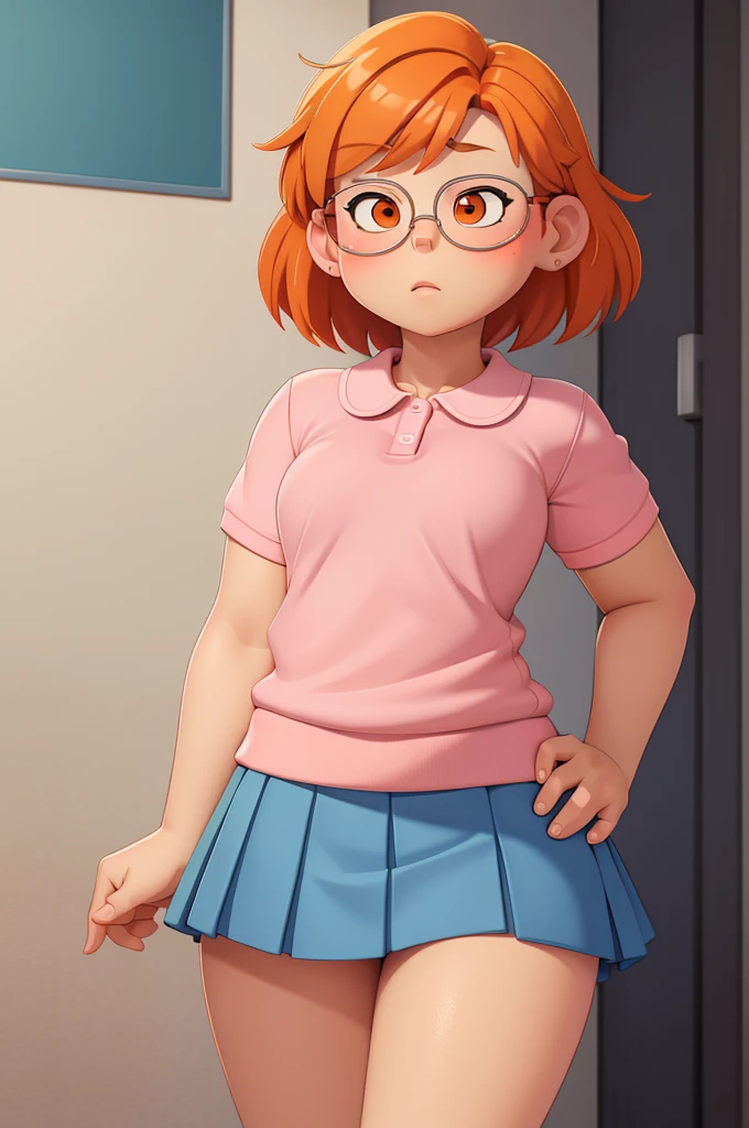 beautiful body, chubby body, small breasts, short hair, straight hair, orange hair, circular glasses, pretty glasses, short skirt, blue skirt, short pink shirt, pretty shirt, school shirt, school shirt,