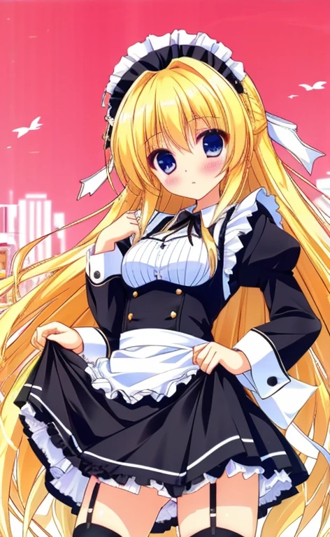 Beautiful long blonde　Embarrassing　Girl in black maid outfit　Long sleeve　Long skirt　Skirt lifted　No underwear