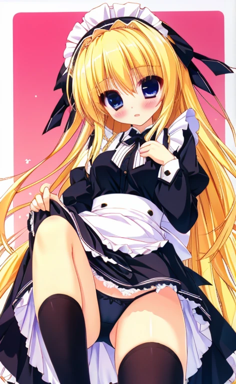 Beautiful long blonde　Embarrassing　Girl in black maid outfit　Long sleeve　Long skirt　Skirt lifted　Black Panties