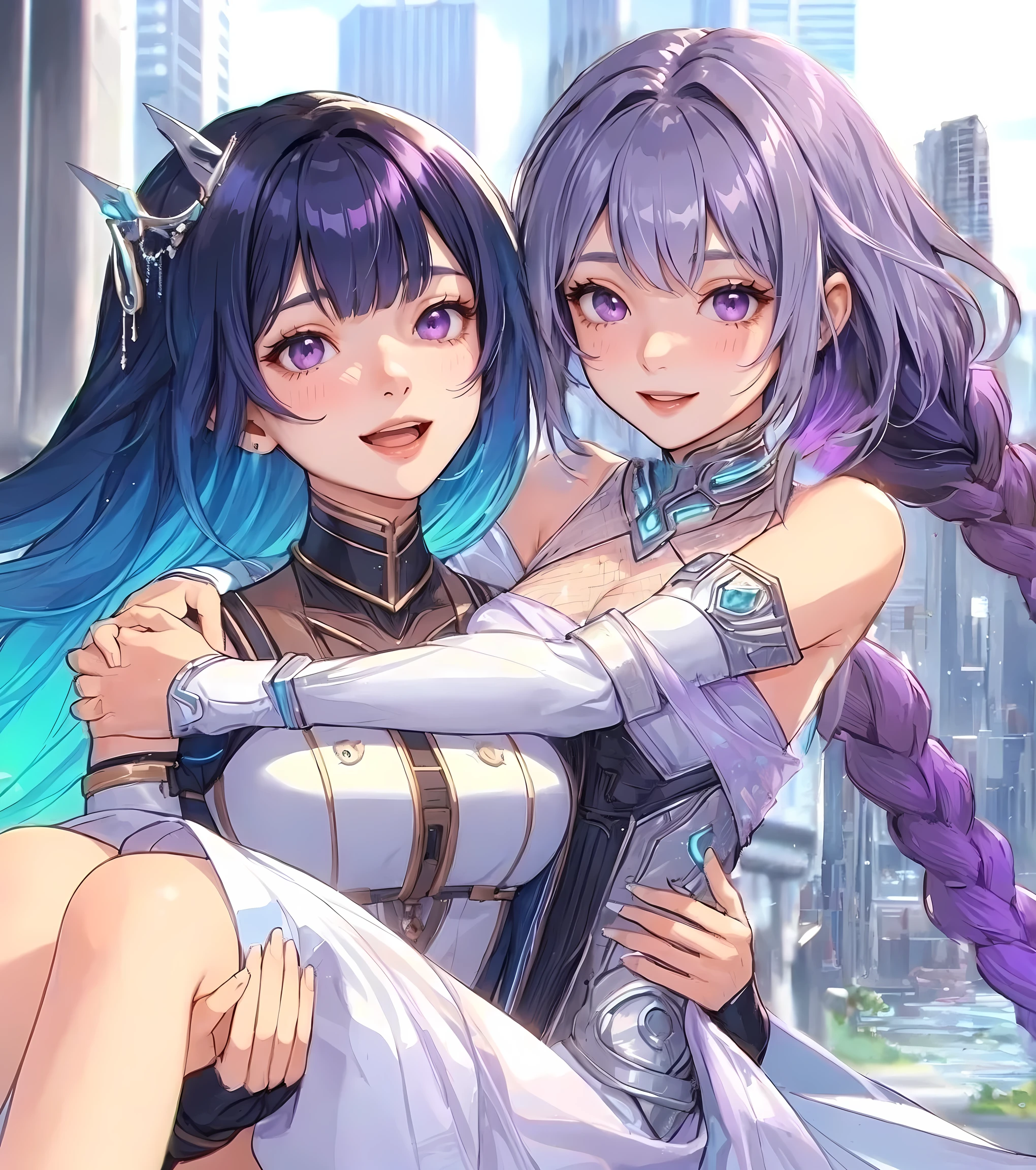 2ladies, (1lady princess-carrying the other), standing, (futuristic costume) stylish, mature female, (masterpiece best quality:1.2) delicate illustration ultra-detailed, large breasts BREAK 1lady, (silver long hair), twin braid, (gradient hair) purple, blush happy smile, (open mouth), purple eyes BREAK 1lady, (dark blue straight hair) bangs, (gradient hair) green, (kind smile) BREAK (futuristic city) outdoors, soft lighting, science fiction, detailed background