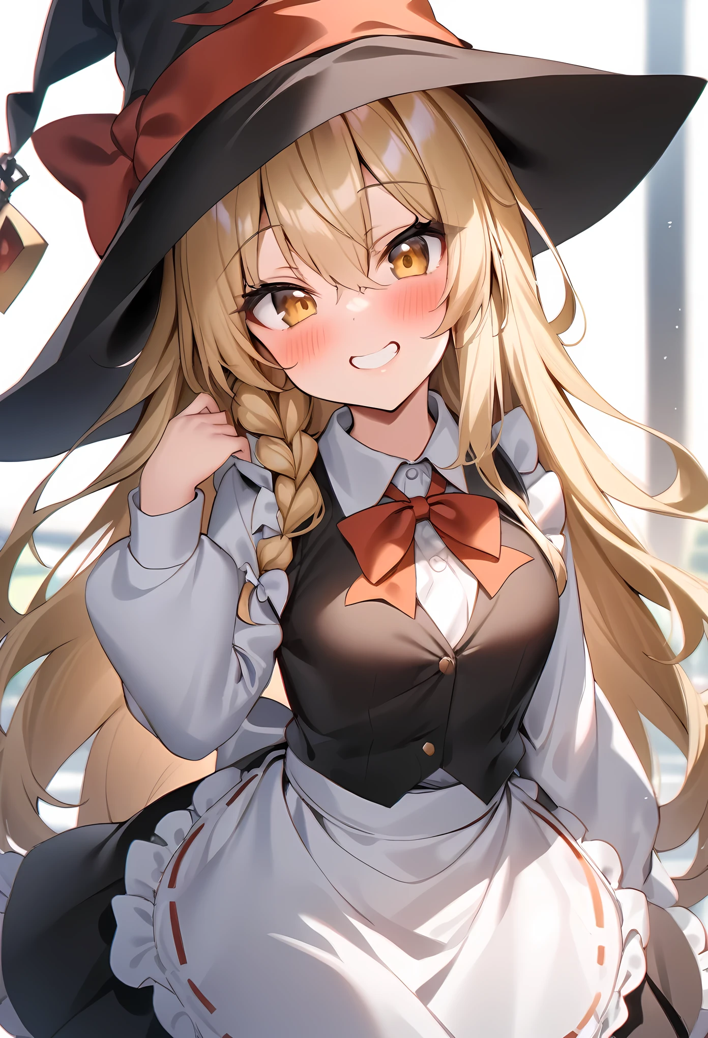 masterpiece, best quality, very aesthetic, absurdres,
touhou, kirisame_marisa, apron, black_hat, black_skirt, black_vest, blonde_hair, blush, bow, braid, cowboy_shot, day, eyelashes, frilled_apron, frills, grin, hair_between_eyes, hair_bow, hand_up, hat, hat_bow, long_hair, long_sleeves, puffy_long_sleeves, puffy_sleeves, red_bow, shirt, sidelocks, single_braid, skirt, tsurime, very_long_hair, vest, waist_apron, white_apron, white_bow, white_shirt, witch_hat, yellow_eyes