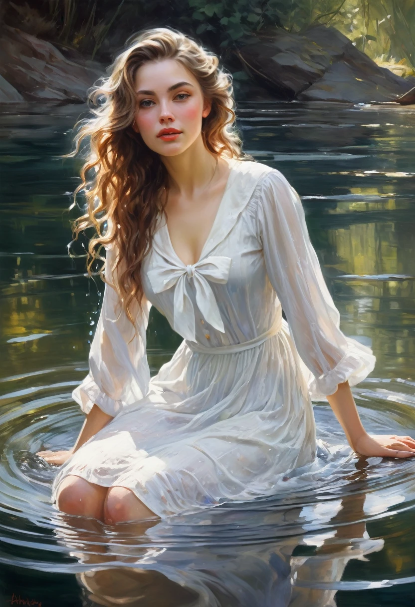 Curly dark-haired beauty standing knee-deep in water, wringing the hem of a wet dress with her hands, on her head is a leaf of a lily with a flower, the girl is wet, the white dress is wet and transparent, the naked body is visible, bright lips with a bow, red necklace, in the background is the surface of a pond with lilies and reflection of trees in the water, a painted oar is floating near the girl.