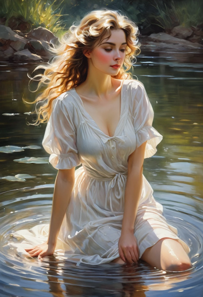 A stunning oil painting masterpiece by Konstantin Razumov, reminiscent of the style of Jean Baptiste Monge, depicts a captivating scene of a woman with long wavy hair swimming in a tranquil lakeside setting. The woman, wearing a semi-transparent white sailor dress, exudes an ethereal beauty as she emerges from the water, her wet clothes clinging to her body. The calm nature and soft daylight create a serene atmosphere, with water droplets glistening on her skin. The subtle glow and idyllic setting evoke a sense of peace and connection with nature. The artist's skillful use of dynamic light and striking brushstrokes creates a cinematic effect, while the grayish background adds depth and contrast to the composition. The portrait, captured in a close-up, encapsulates the essence of an enchanting, illustration, painting, dark fantasy