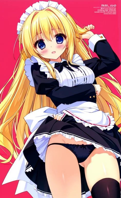 Beautiful long blonde Embarrassing Girl in black maid outfit Long sleeve Long skirt Skirt lifted Black Panties