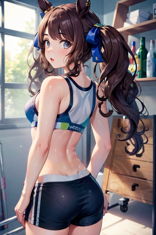 tosen jordan \(umamusume\) in sexy mini shorts and sports bra, crouched deadlifting with a bar with her back facing a gym mirror, sweating, High Resulution, UHD, detailed image.