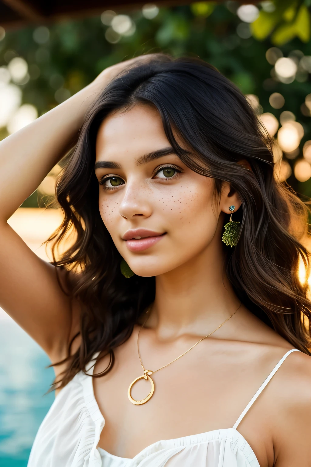 A Brazilian girl with black, wavy hair cascading down her shoulders, framing her striking green eyes, is captured in an ultra-realistic image. Her delicate features accentuate her pretty face and the presence of a few small freckles adds to her charm. Dressed in a light, airy sundress, she is shown in a relaxed pose, one hand playfully tucking a strand of hair behind her ear, while her other arm is raised subtly, showcasing her bronzed, lightly tanned shoulders. A delicate gold necklace sits atop her breast, adding a touch of elegance to the otherwise carefree scene. The rich colors of the setting sun reflected in her green