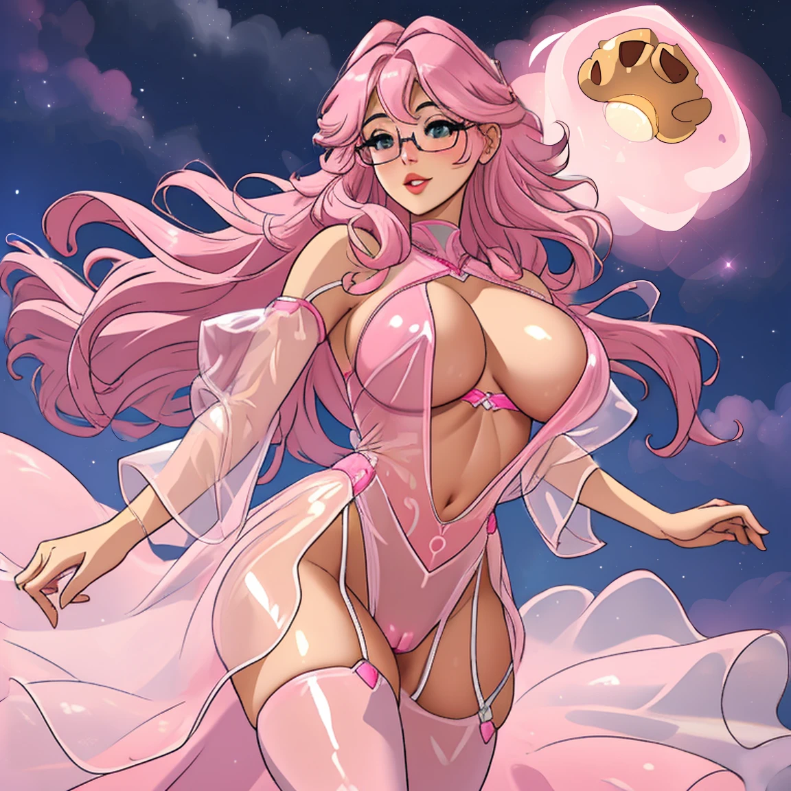 (masterpiece, best quality:1.2), cowboy shot, (solo), (1girl):1.5, glasses, long fluffy pink hair, hair blowing, gorgeous body, wide hips, slight smile, ((very sexy and transparent (clear nigthdress)) with exposed navel), musculous belly, gorgeous huge breasts, ((pink breasts niples) under very transparent clear clothes), (cameltoe)