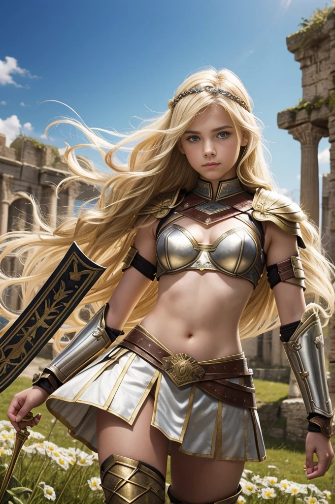 teen girl, roman warrior, princess blade , , teenager girl, small breasts, mini cropped, valkyrian princess ,blonde, detailed face, beautiful, confiant, background in uk land with flowers, nsfw