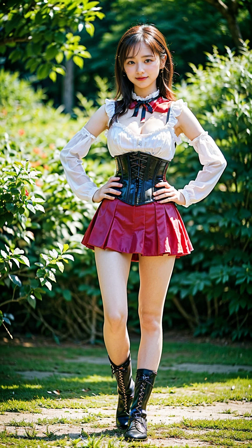 (8k、RAW Photos、highest quality、masterpiece:1.2)、(Realistic、Realistic)、1 girl、((Red mini skirt、boots、Black corset、Frills、Ribbon on chest、garden、smile、Big Breasts、View from the front、whole body、Standing with hands on hips))、Lots of eyelashes、Glowing eyelids、skeletally correct