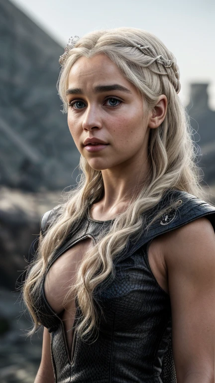 Rich expressions,Face to the front,half body view, raw photo of Daenerys Targaryen, highly detailed, arts station, smooth, sharp focus, 8k, trending on instagram, Trending on Tumblr, HDR 4K, 8k,looking at camera, dragon in the background