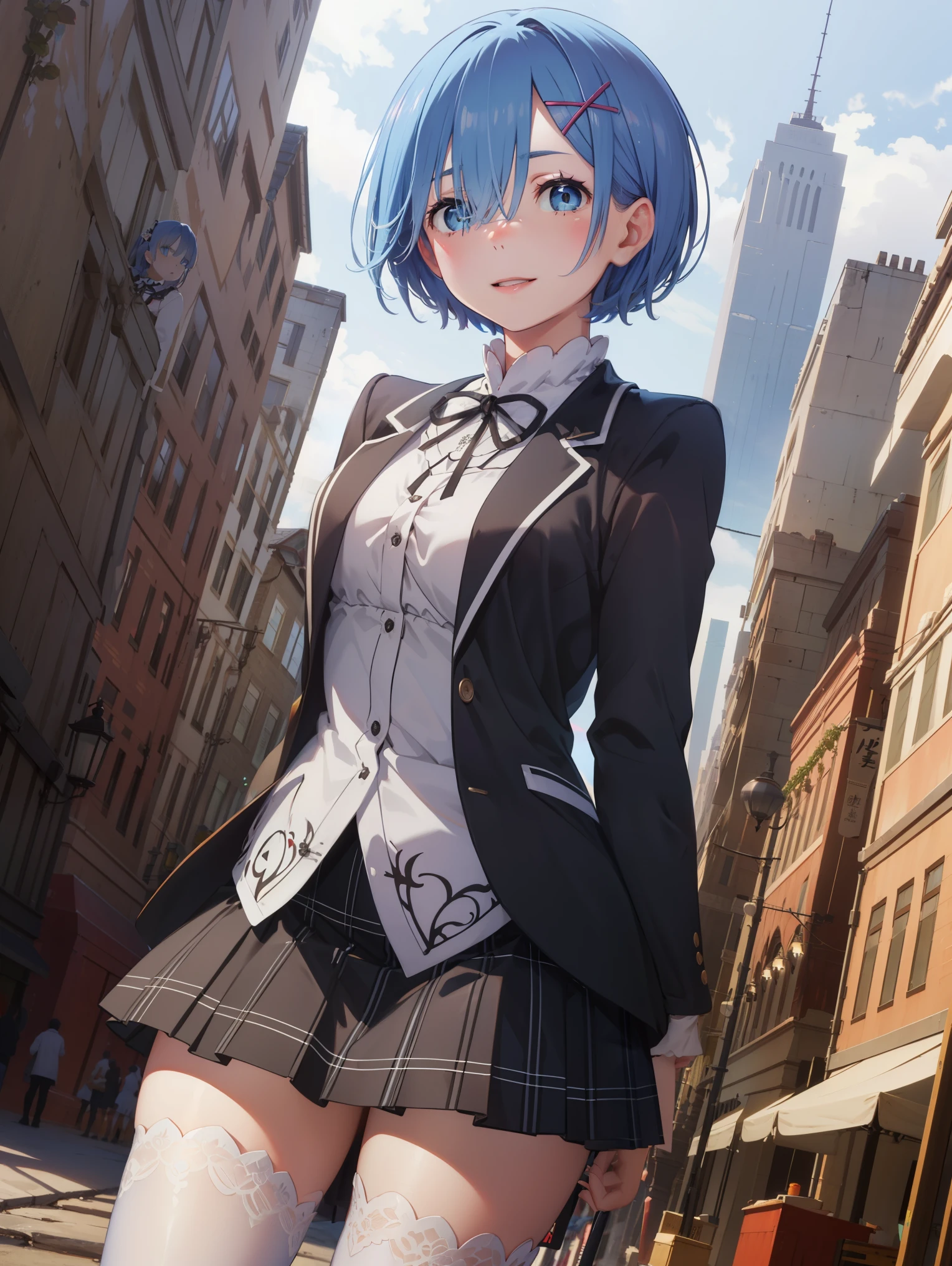 ph_rem, remhd, 1girl, blue hair, solo, blue eyes, x hair ornament,
BREAK (long sleeves, miniskirt, plaid, plaid skirt, pleated skirt, ribbon, shirt, skirt, solo, thighhighs, zettai ryouiki:1.2),
BREAK cowboy shot, dynamic angle, solo, 1girl, smile, blushing, looking at viewer, city street, daylight, dynamic pose,arms behind back,
BREAK (masterpiece:1.2), best quality, high resolution, unity 8k wallpaper, (illustration:0.8), (beautiful detailed eyes:1.6), extremely detailed face, perfect lighting, extremely detailed CG, (perfect hands, perfect anatomy),