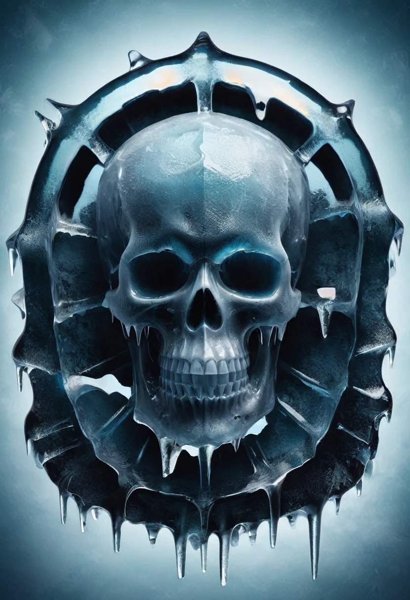 best quality, highres, (ice skull:1.1), (dark, sinister) atmosphere, (detailed, intricate) ice texture, (icy blue, frosty) color palette, (sharp icicles, translucent) skull shape, (eerie, haunting) lighting, (mysterious, foreboding) background, (subtle reflections, glimmering highlights), (mesmerizing, captivating) art style