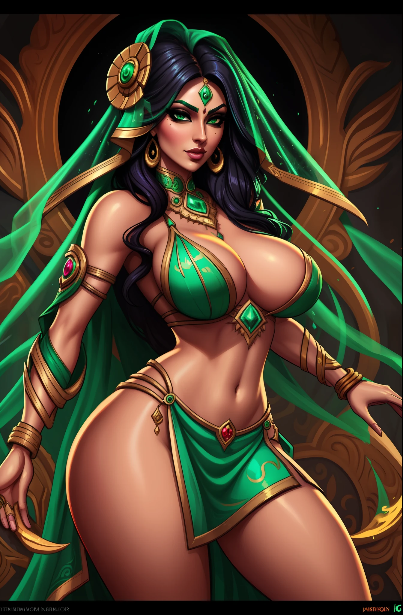 woman + jade + india + loving + veil splashart, splashart, league of legends splashart, art, brushstroke, masterpiece, 8k, ultra detailed, HD