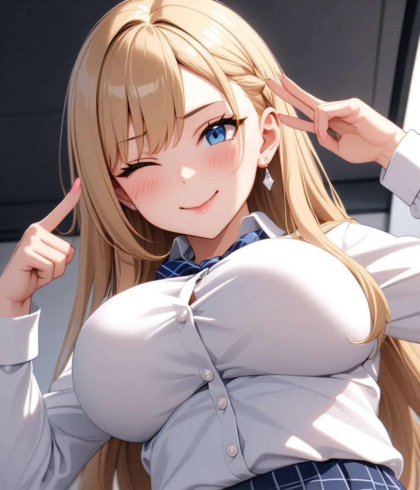 (One girl), Beautiful smile,(Wink:2.0),Blushing,Close your mouth,Glossy Lips,Abstract, School, masterpiece, highest quality, so beautiful, Absurd, up to date, Complex details, Pink long nails,AI-generated, Complex,High resolution, highest quality, super high quality,3D Images、View the viewers、3D Images,one person,Long Blonde Hair,blue eyes,Anime girl posing for photo, [[Fine grain、Colorful eyes、Shining Eyes:1.15]],(Squint your eyes),a hyperRealistic , hyperRealistic , Realistic , blonde anime girl with long hair, Smooth anime CG art, Beautiful anime school girl,White long sleeve blouse,Blue checked skirt,Big blue chest ribbon, Earrings,(Large Breasts:1.3), Mature Body,Fine details,Abdominal muscles,Shooting from below,(Tilt your face)