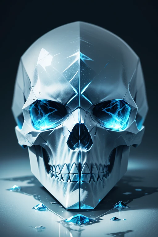 best quality, highres, (ice skull:1.1), (dark, sinister) atmosphere, (detailed, intricate) ice texture, (icy blue, frosty) color palette, (sharp icicles, translucent) skull shape, (eerie, haunting) lighting, (mysterious, foreboding) background, (subtle reflections, glimmering highlights), (mesmerizing, captivating) art style