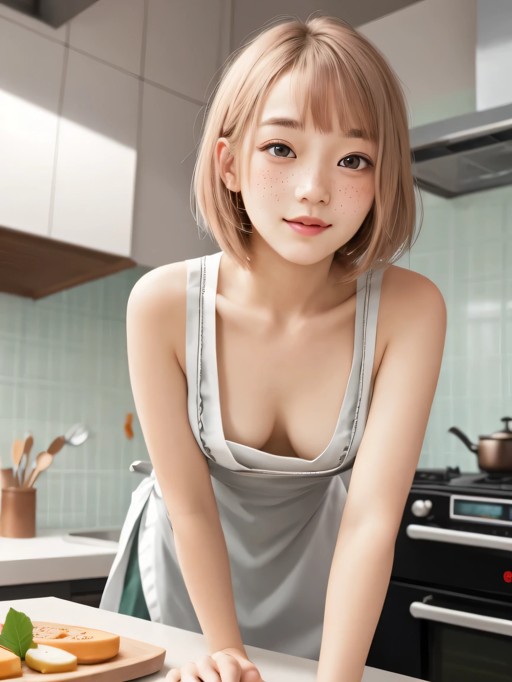 Close-up portrait of a playful maid, short hair, 18yo, lotus pattern, lotus leaves, naked under large apron, flat chest, small breasts, stunning figure, distinct female features, kitchen, [gray blonde | ginger | pink hair], freckles, flirting with camera, (downblouse), (leaning forward), (provocative face expression)