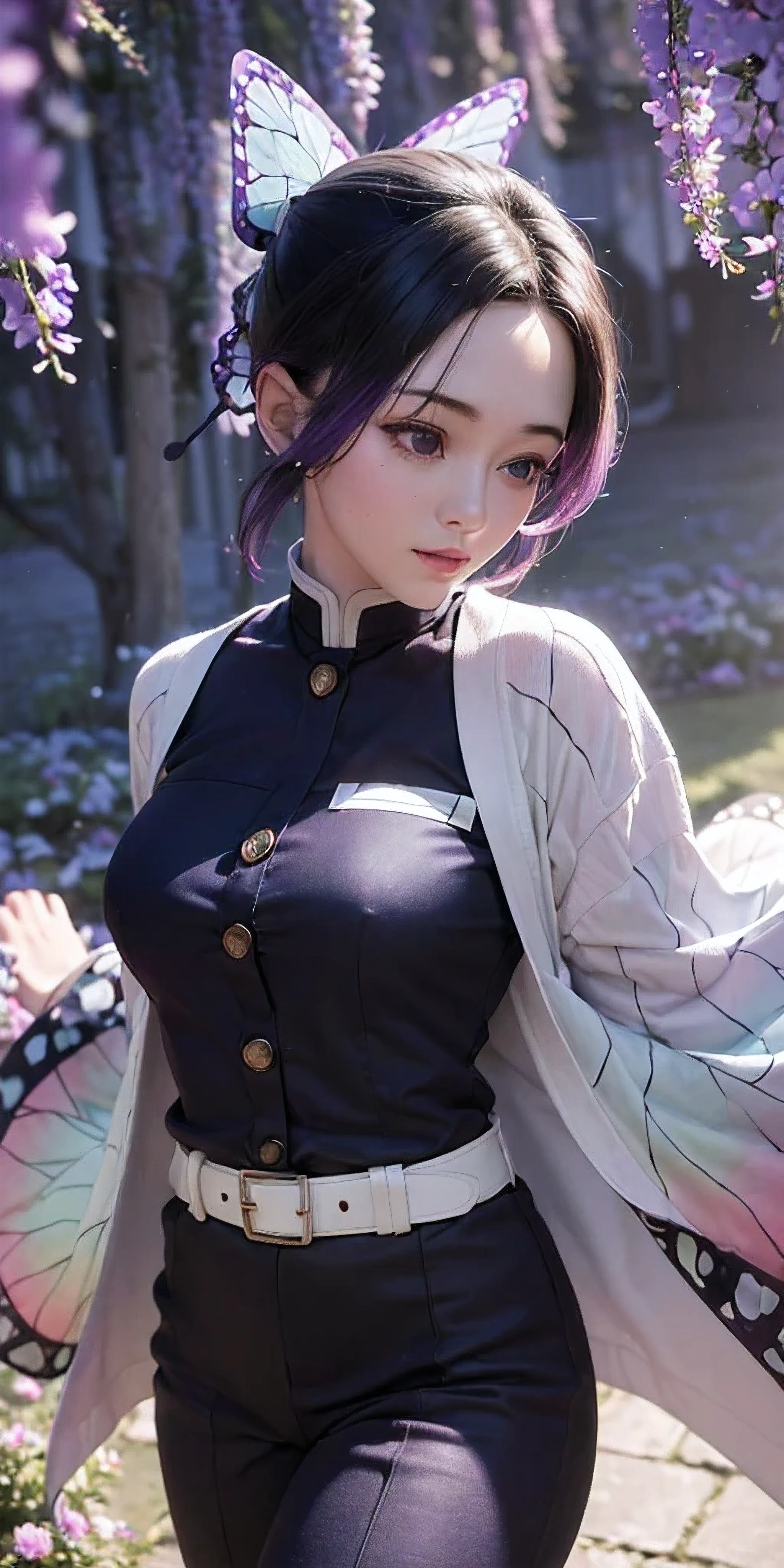 Ultra-realistic 8k CG,masterpiece,((ultra-detailed background, delicate pattern, intricate details)),best quality,very detailed face,extremely detailed eyes and face,extremely detailed eyes,kochou shinobu,multicolored hair,no bangs,hair intakes,purple eyes,forehead,black shirt,black pants,haori,butterfly,buttons,belt,(Garden:1.2),purple flower,chibi,cloudy sky,sunlight,Tindal effect,gradient_sky,face,Gorgeous sky,Waist Sabre,Charming posture,