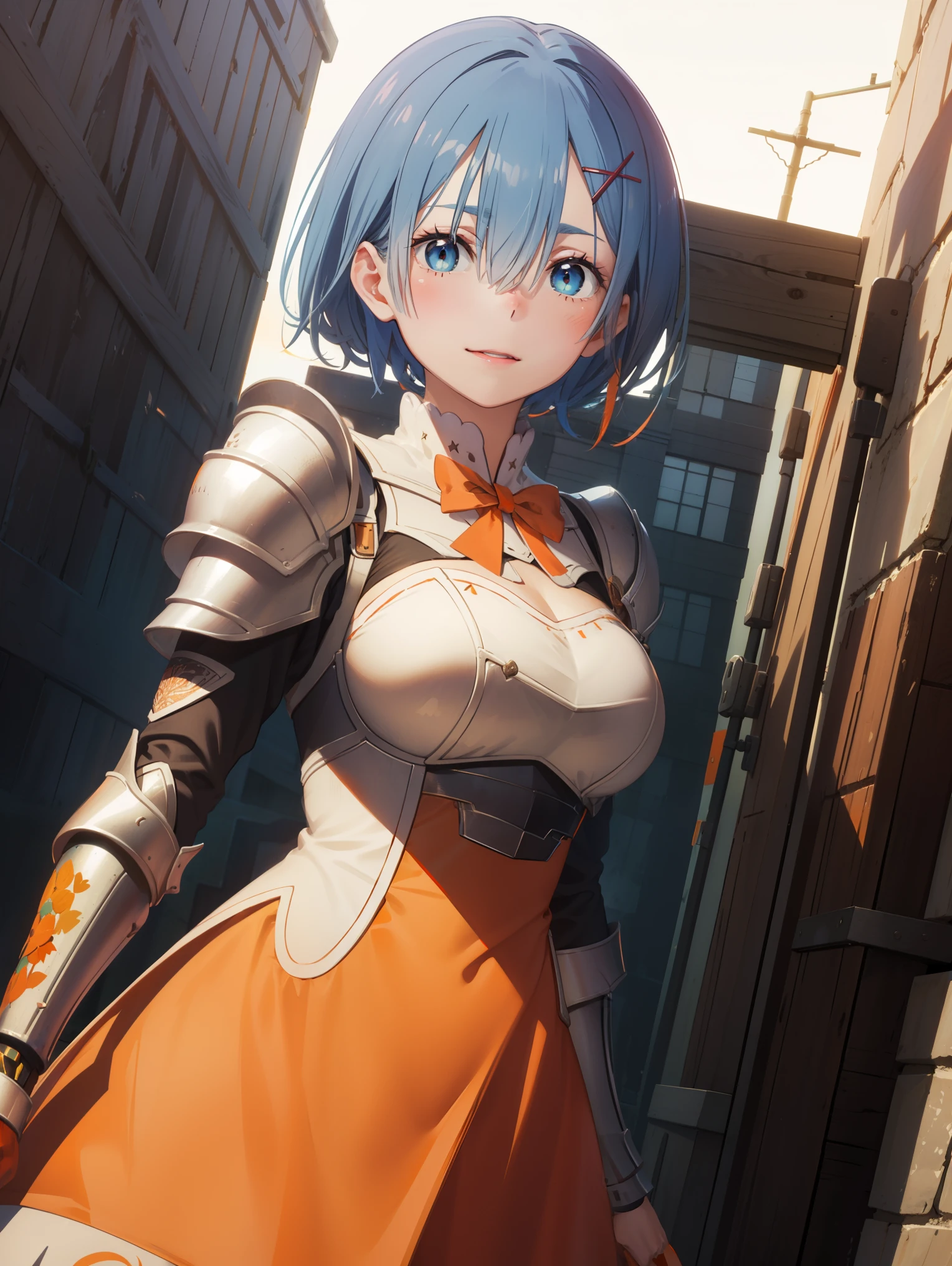 ph_rem, remhd, 1girl, blue hair, solo, blue eyes, x hair ornament,
BREAK (red bowtie, shoulder armor, sidelocks, (white armor:1.5), breastplate, (orange dress:1.5):1.2),
BREAK cowboy shot, dynamic angle, solo, 1girl, smile, blushing, looking at viewer, city street, daylight, dynamic pose,arms behind back,
BREAK (masterpiece:1.2), best quality, high resolution, unity 8k wallpaper, (illustration:0.8), (beautiful detailed eyes:1.6), extremely detailed face, perfect lighting, extremely detailed CG, (perfect hands, perfect anatomy),