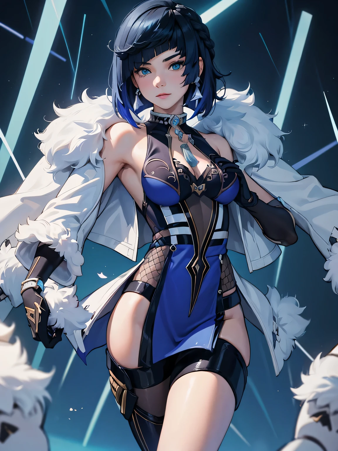 [yelandef]:1.5,((masterpiece,highest quality,Detailed images,Beautiful images))1.4(1girl,solo)(Yelan&#39;s full body image,smile、Blue dice、Sunset、floating city、Bright lighting overall、Backlight、A fantastic atmosphere、Thick Fog)1.1(Beautiful body lineedium beauty breasts、Beautiful side breasts)
