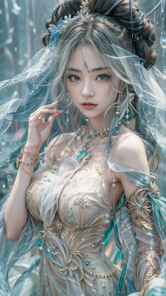 (RAW shooting, Dynamic flow of water:0.8, 32k:1.5, highest quality, masterpiece, Ultra-high resolution), (night, Ocean:0.7, Majestic Background:0.7, Mystical Expressions:1.3, Expressions of sadness:1.0), Perfect dynamic composition:1.3, 非常にdetailedな肌と顔の質感:1.3, (Slim Mermaid:1.3, Mermaid tail), Random Shot, Fair skin:1.2, Incredibly slim body:1.2, Fractal Art:1.1, Very beautiful face:1.1, Water droplets on the skin, detailed, (Rain drips down on my body:1.1, Wet body:1.1, Wet Hair:1.1), (Posing Pro:0.9, With a wet bouquet:0.9, Gorgeous and shiny mermaid dress portrait:1.1, Woven Belt), Shapely breasts, (Big eyes that exude beautiful eroticism:0.5, Lips that exude beautiful eroticism:0.5), I love you, Very sweet atmosphere, necklace, Earrings, bracelet